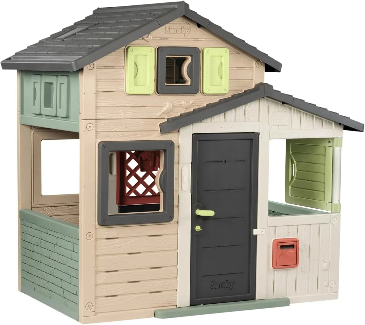 Smoby Life - Casa de Juegos Friends House EVO con 2 Puertas, 6 Ventanas y Mesa de Picnic Extraíble – Fabricada en Material Reciclado, Protección UV,