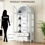 LVSOMT Gewölbte Glasvitrine mit LED Beleuchtung, 180cm Vitrinenschrank mit Glastüren, Bogen Vitrine mit 4 Display Regale und 2 Schubladen, 3 Farbe