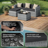 STEELSØN Zethora Rattan Gartenmöbel Set 3-TLG. – Outdoor Sitzgruppe für Garten/Terrasse/Balkon – Gartenlounge mit 3er-Sofa, Hocker & Tisch –