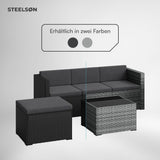 STEELSØN Zethora Rattan Gartenmöbel Set 3-TLG. – Outdoor Sitzgruppe für Garten/Terrasse/Balkon – Gartenlounge mit 3er-Sofa, Hocker & Tisch –